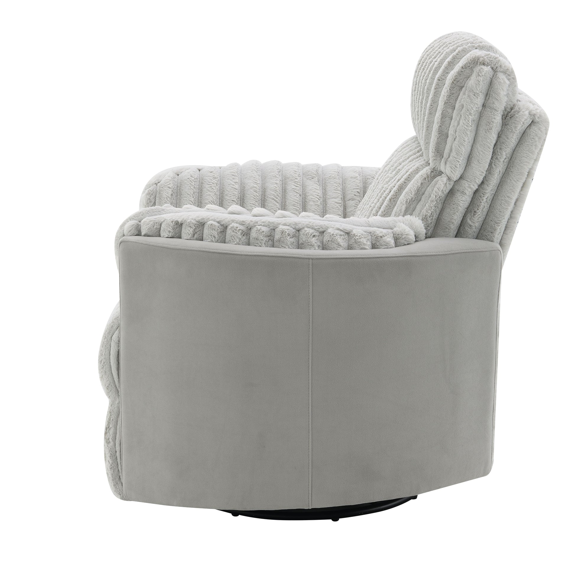 Plush grey swivel accent chair with textured faux fur and a smooth base