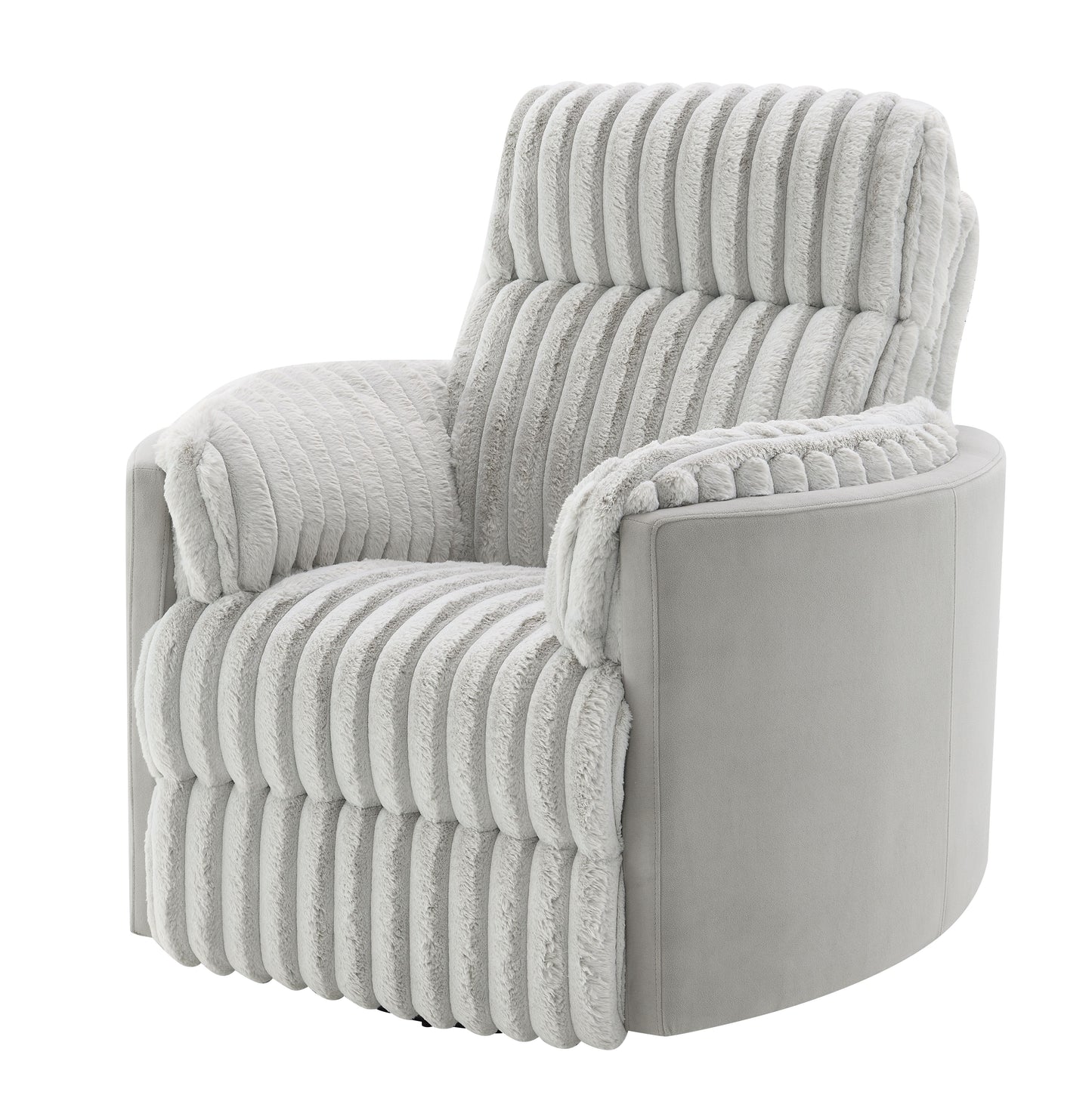 Plush grey recliner chair with textured faux fur upholstery and curved base