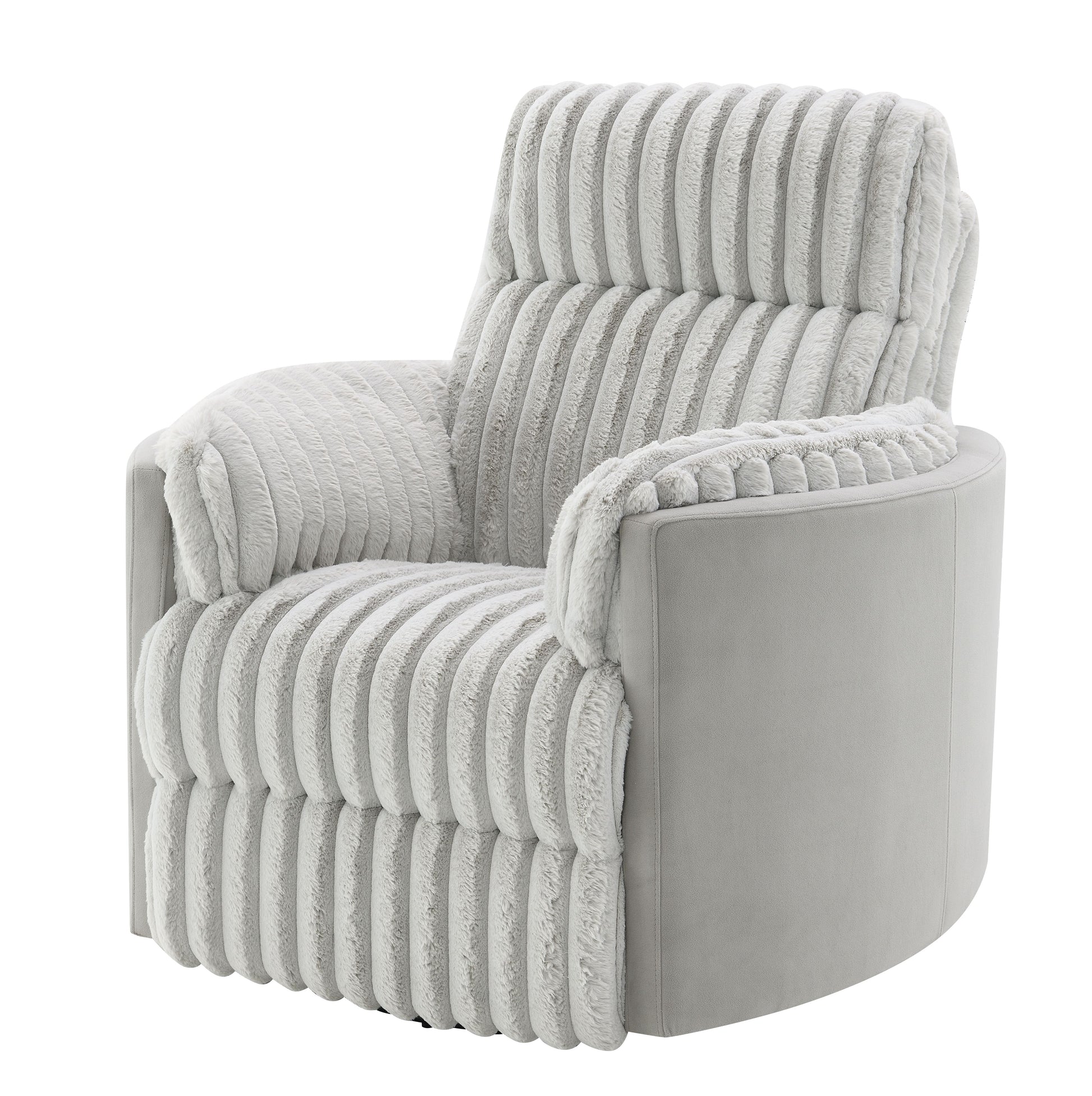 Plush grey recliner chair with textured faux fur upholstery and curved base