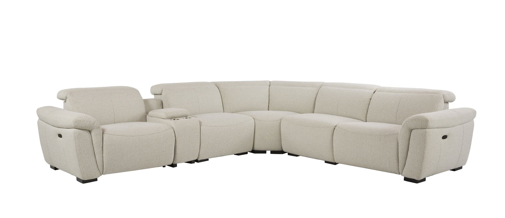 Modern beige fabric sectional sofa with reclining seats and cup holders for ultimate relaxation