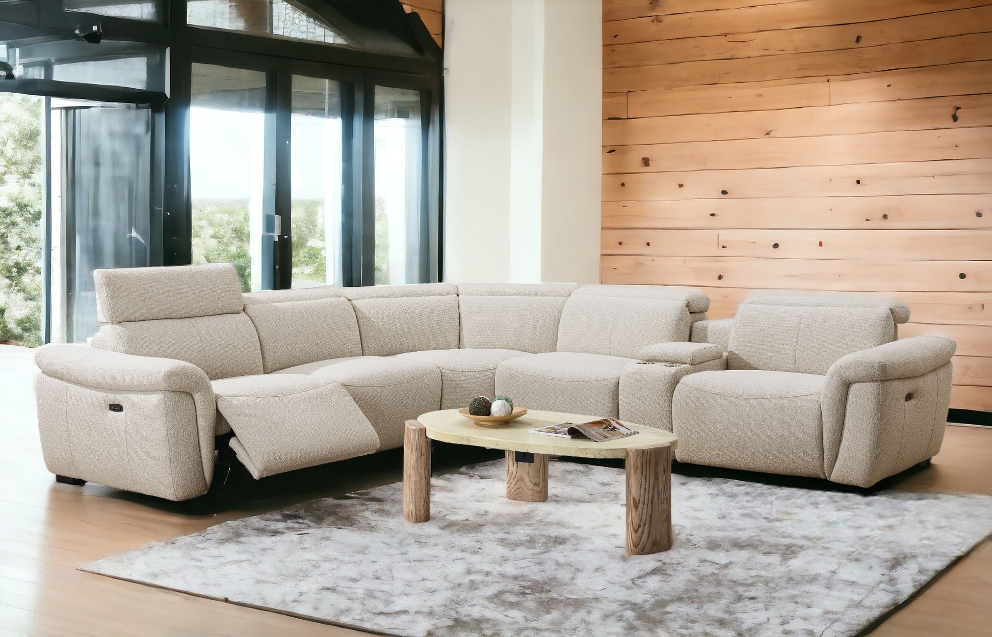 Cream sectional recliner sofa with adjustable headrests and armrests
