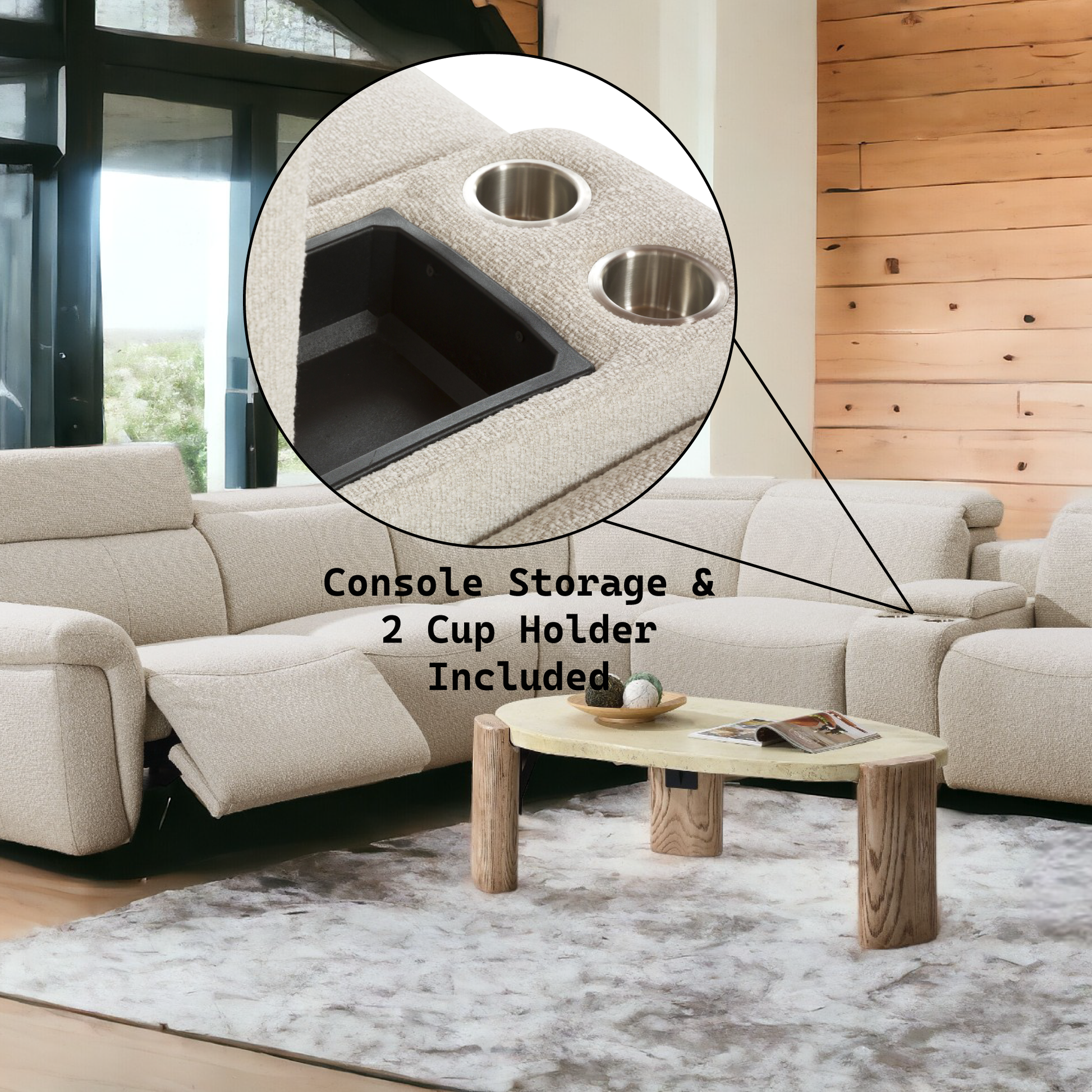 Cream boucle sectional sofa with builtin console storage and dual cup holders for ultimate relaxation