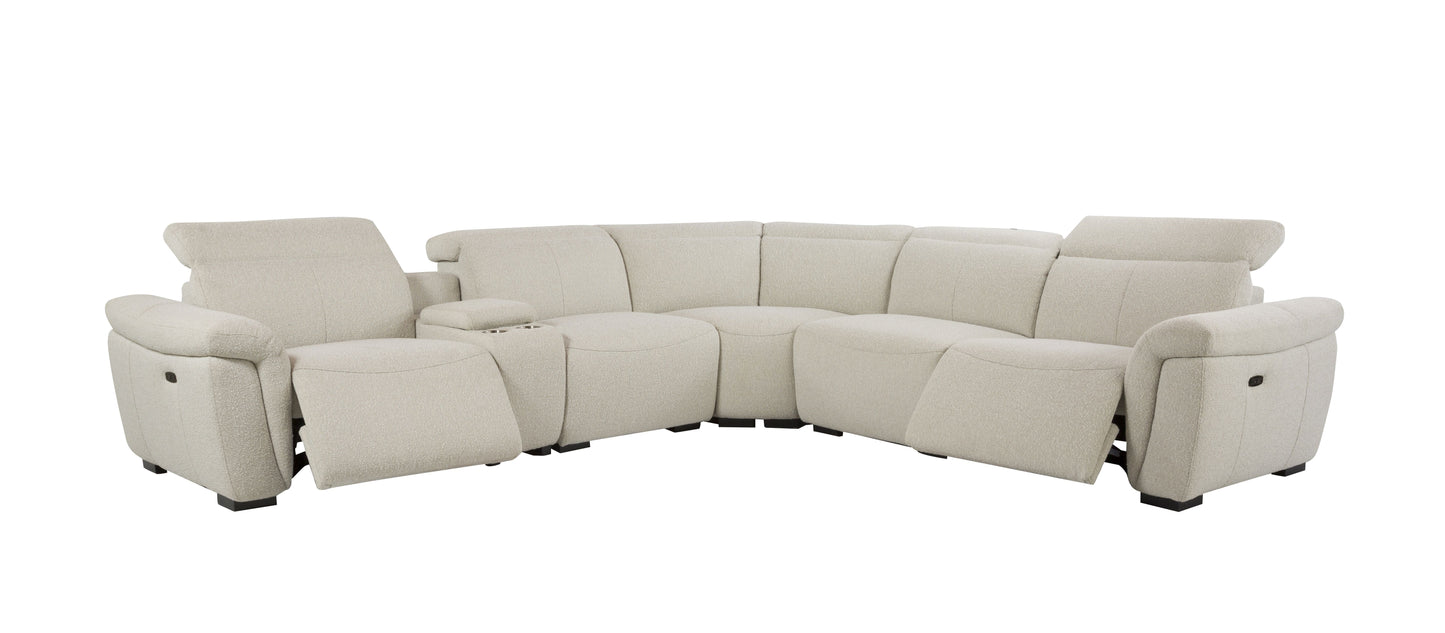 Plush boucle fabric sectional sofa in cream with dual reclining seats and builtin cup holders