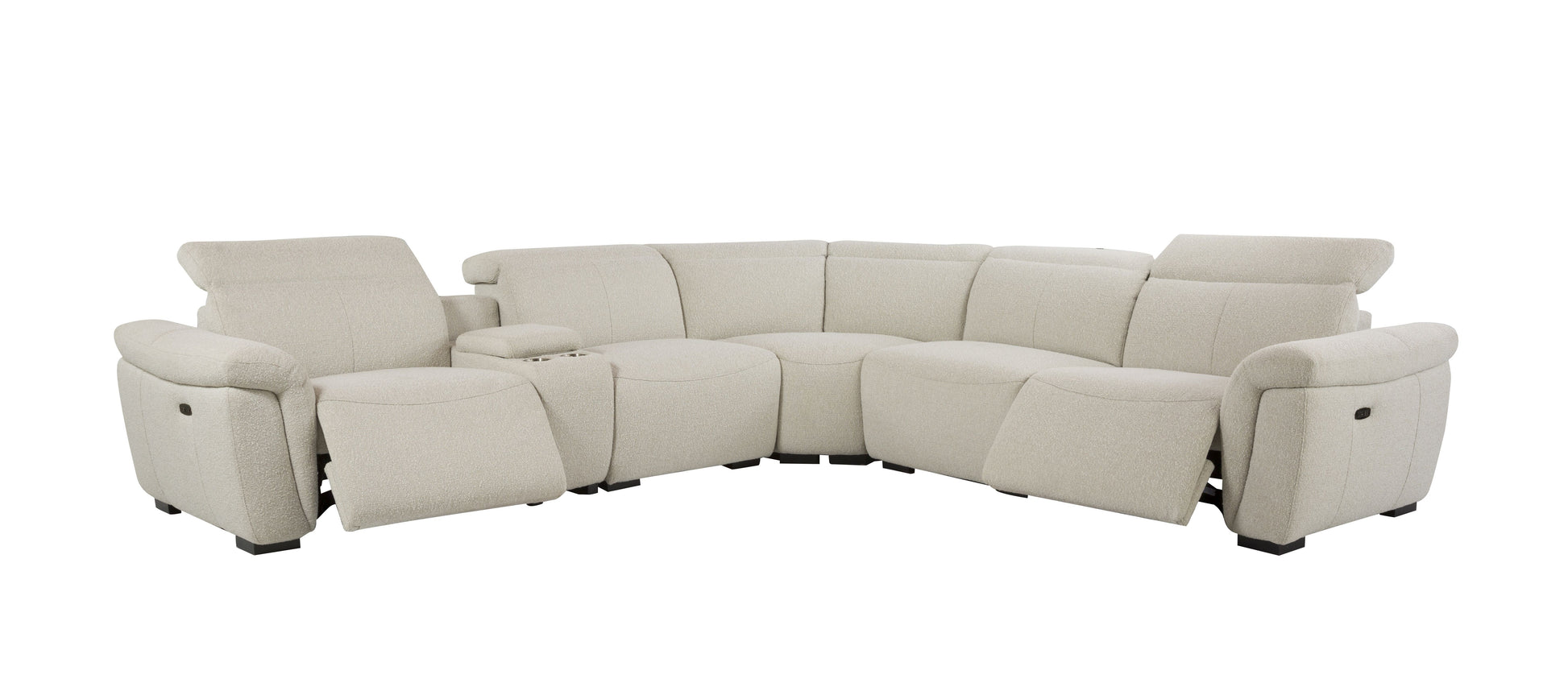 Plush boucle fabric sectional sofa in cream with dual reclining seats and builtin cup holders