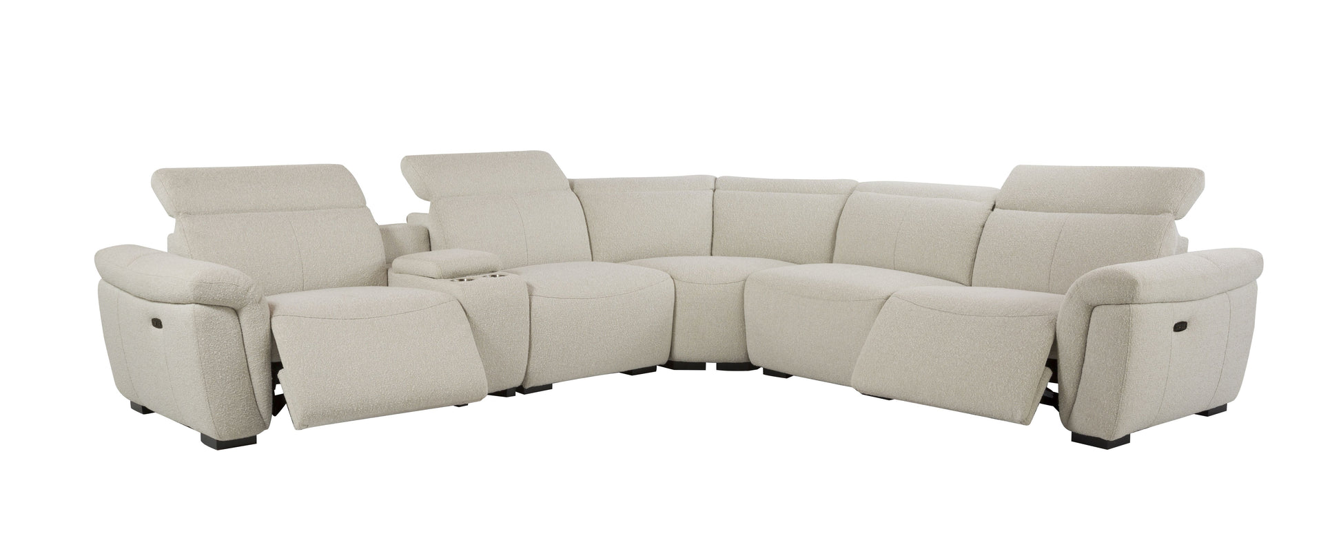 Cream fabric sectional sofa with reclining seats and cup holders