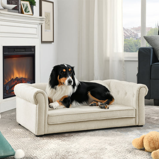 Beige tufted pet sofa with a dog resting comfortably on it