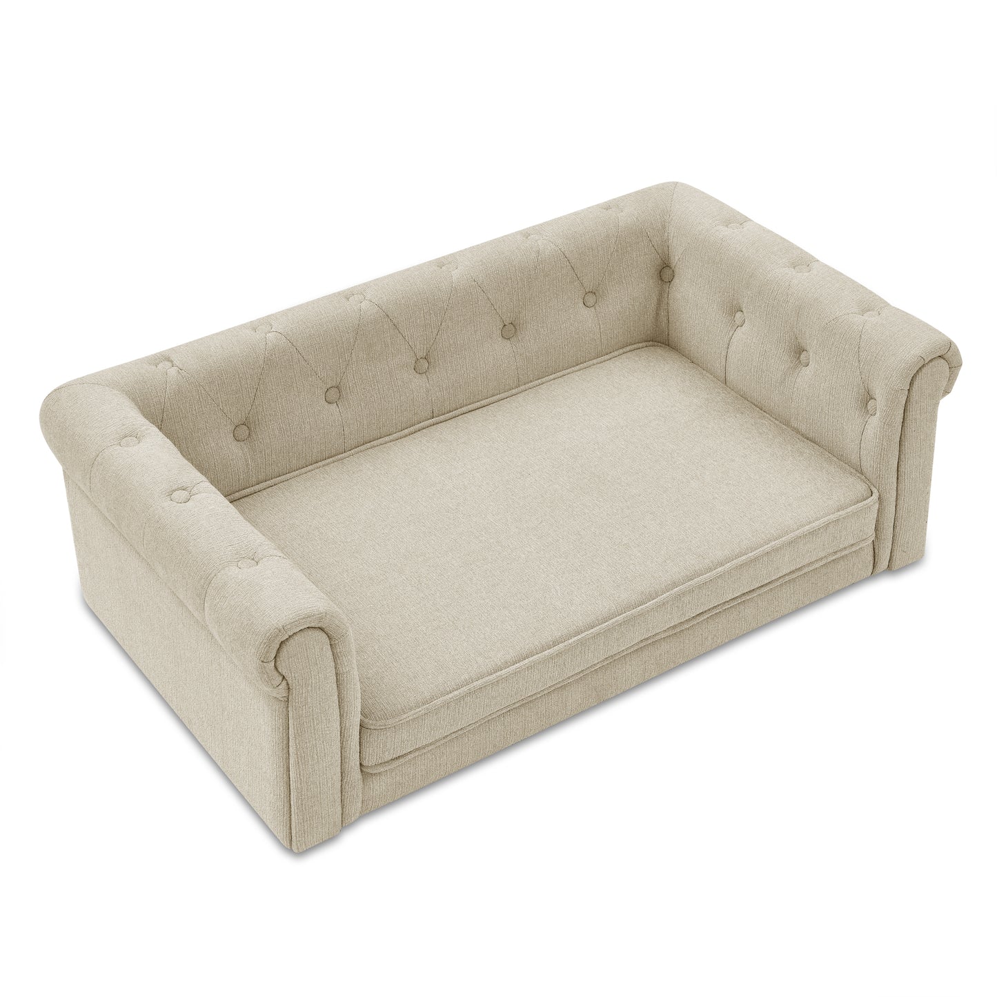 Tufted beige linen pet sofa with rolled arms perfect for small dogs