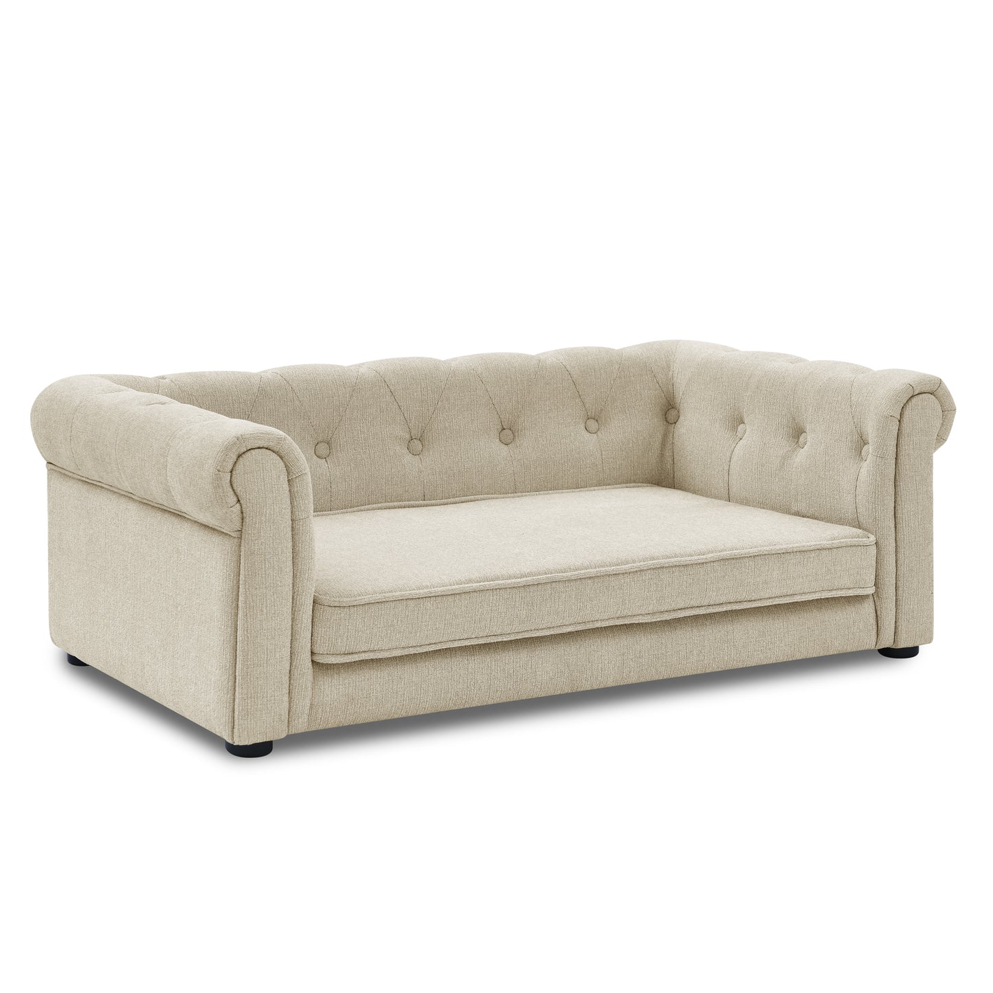 Tufted beige fabric dog sofa with rolled arms and tufted backrest perfect for pets