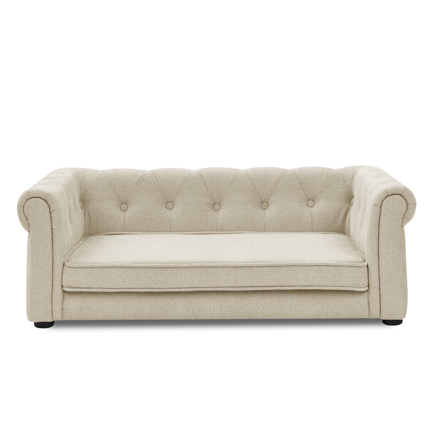 Beige tufted chesterfield sofa with rolled arms and upholstered cushions