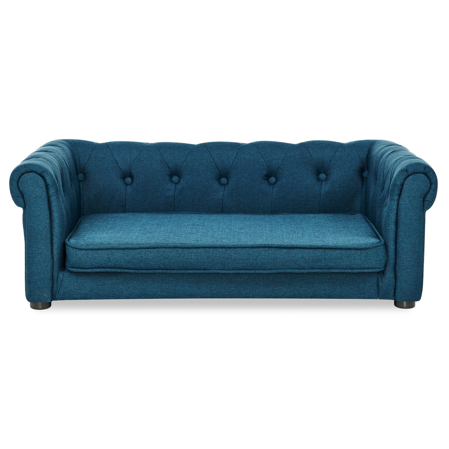 Blue tufted fabric sofa with rolled arms and plush seat cushions for living room comfort