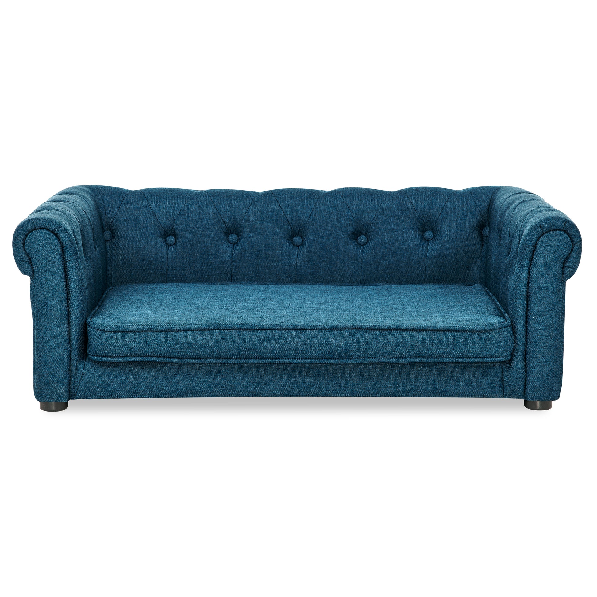 Blue tufted fabric sofa with rolled arms and plush seat cushions for living room comfort