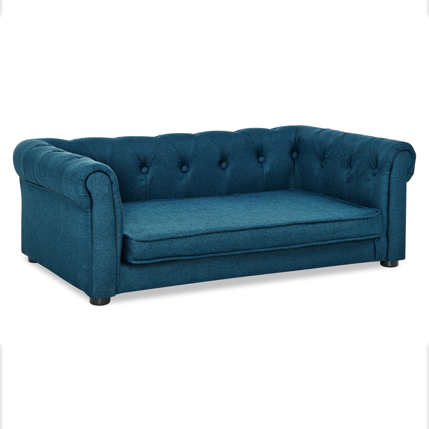 Blue tufted dog sofa with rolled arms classic Chesterfield design for small pets