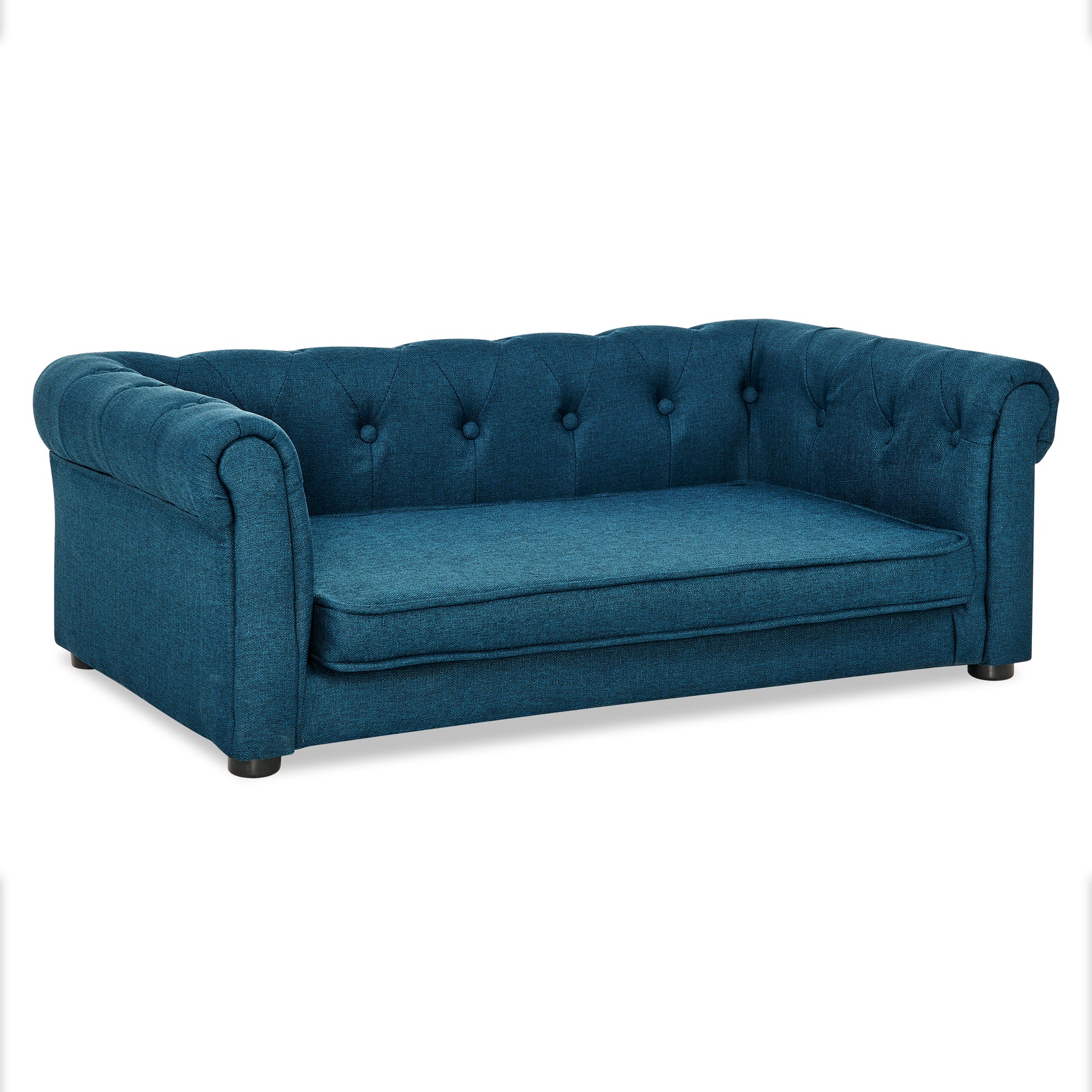 Blue tufted dog sofa with rolled arms classic Chesterfield design for small pets