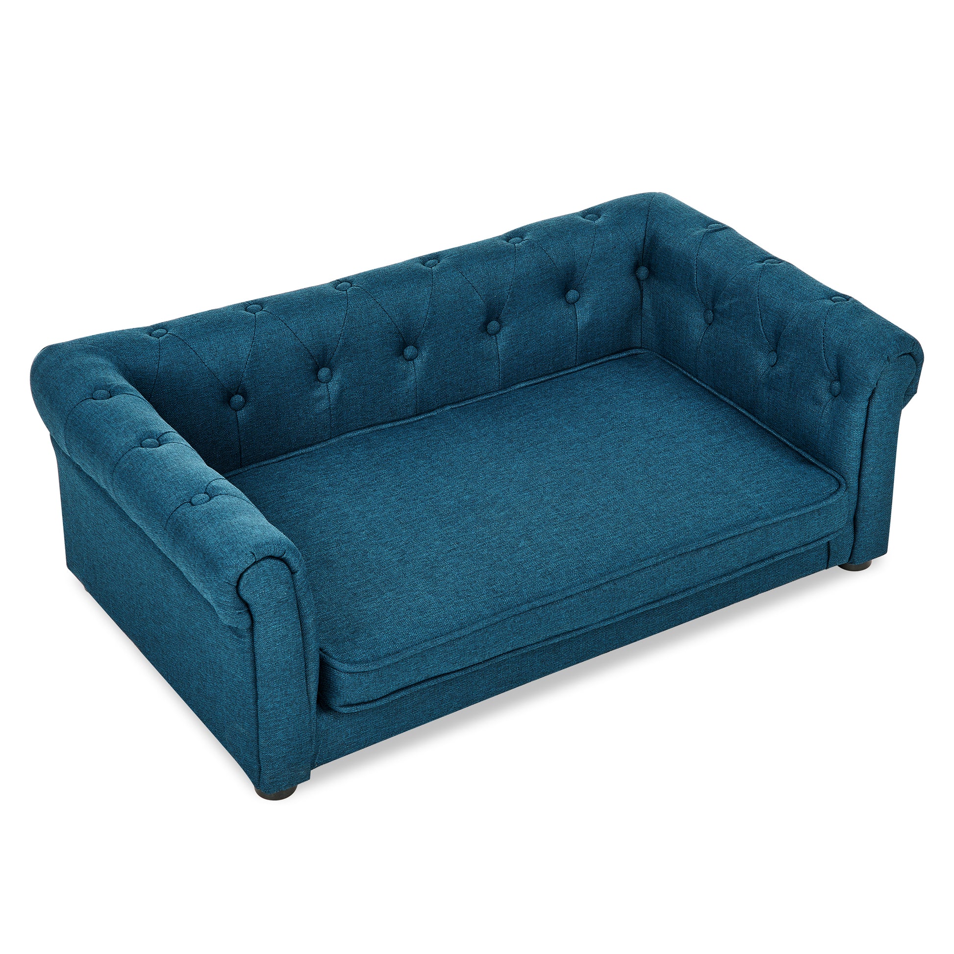 Tufted teal fabric pet sofa with rolled arms and cushioned seat
