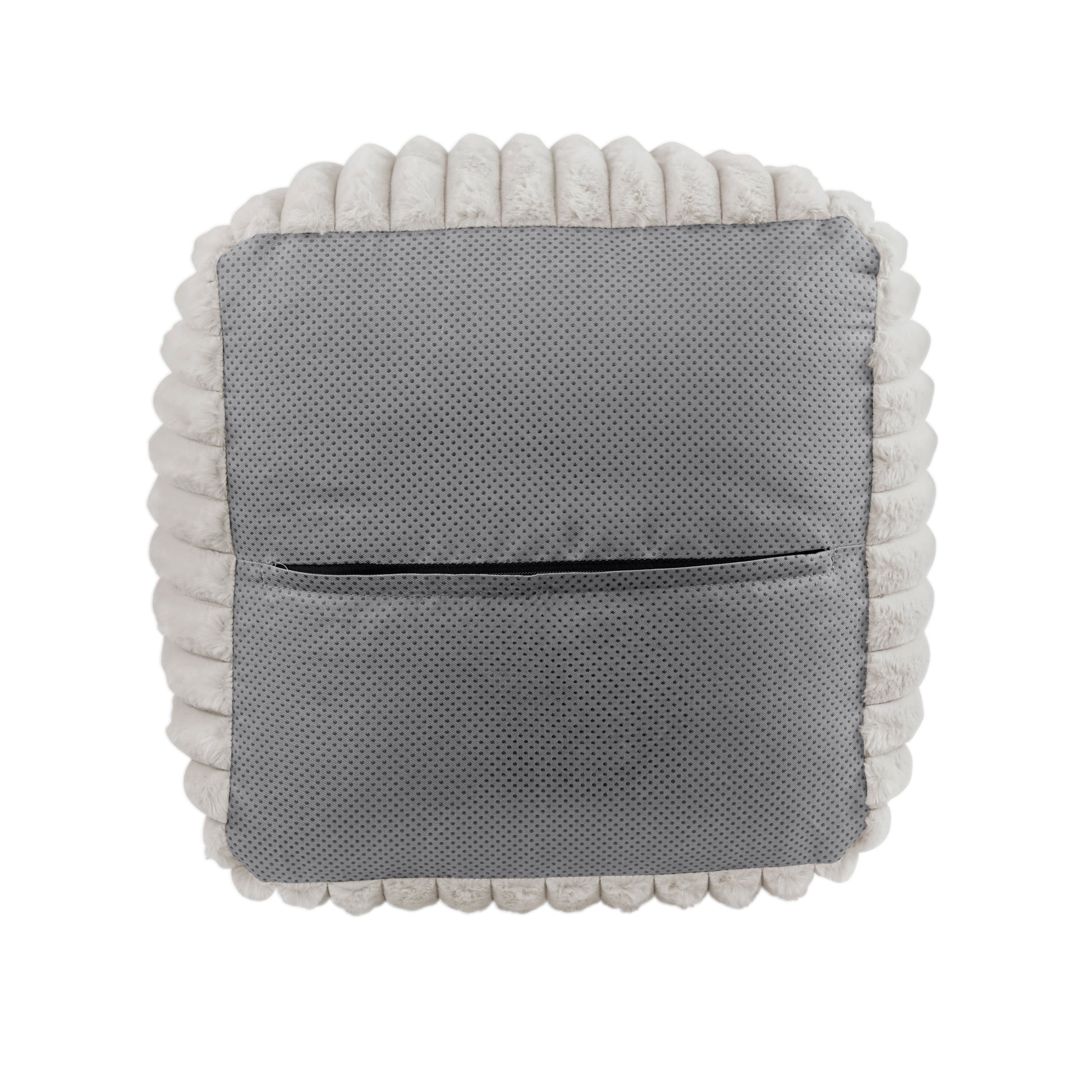 White plush dog bed with nonslip grey bottom and rippled edge