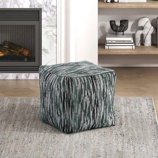 Textured cube ottoman with green black and white vertical stripes perfect for living rooms