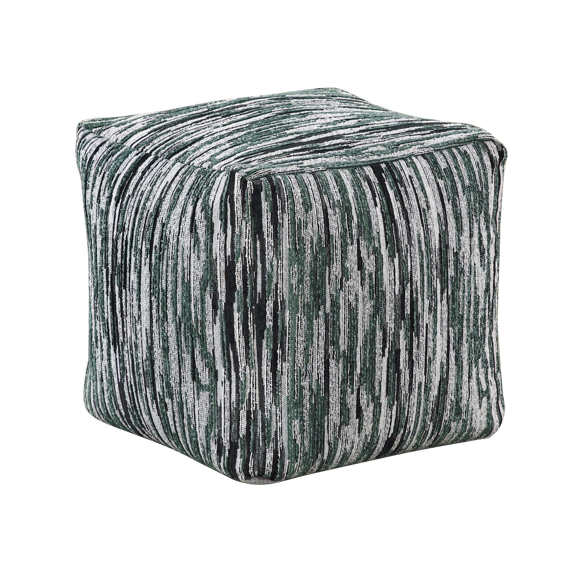 Textured square ottoman with abstract green and white stripes perfect for footrest