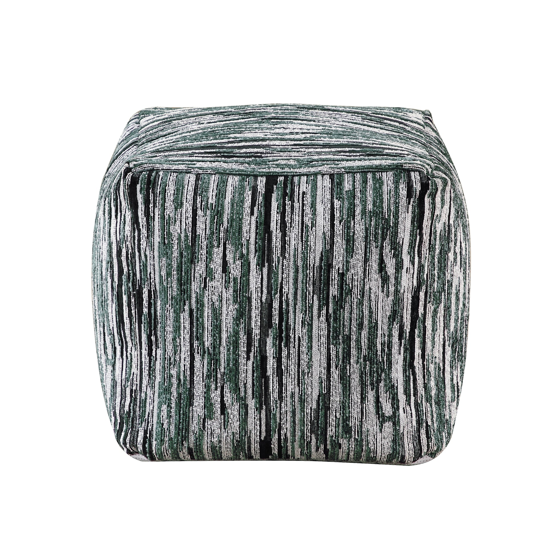 Textured cube ottoman in green and white abstract stripe pattern for home decor