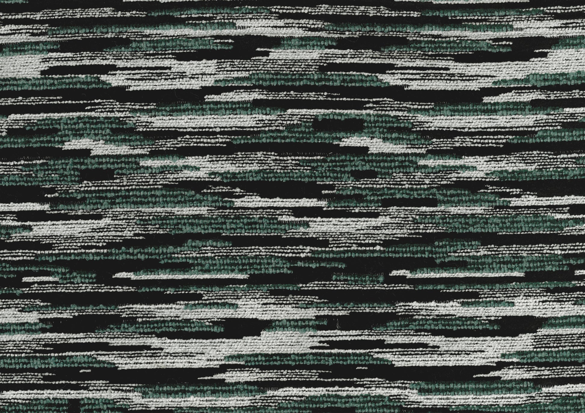 Textured fabric swatch with horizontal stripes of black white and teal threads