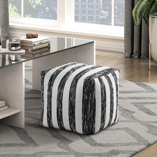 Striped black and white ottoman with woven texture for living room seating
