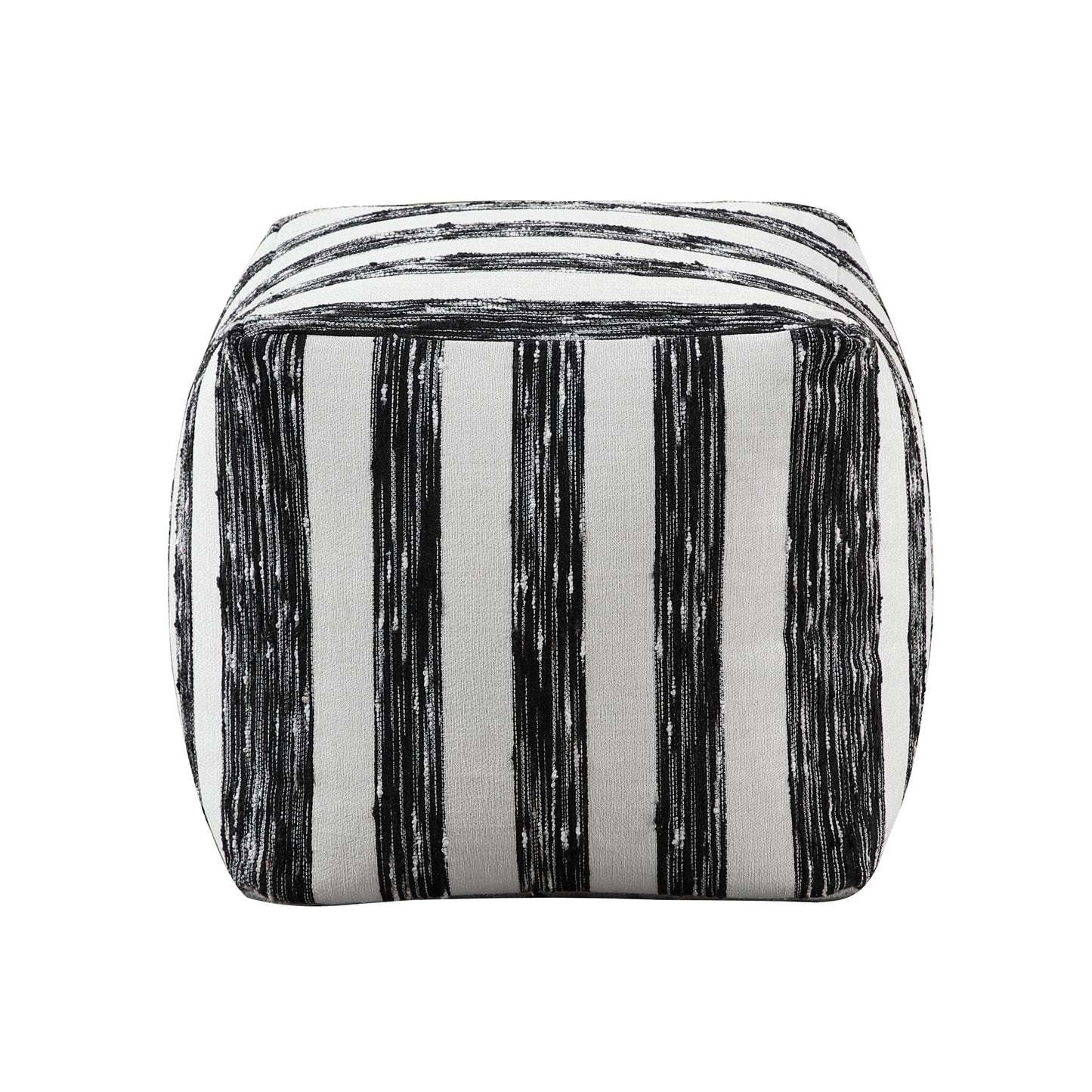 Black and white striped cube ottoman textured fabric pouf with vertical stripe pattern