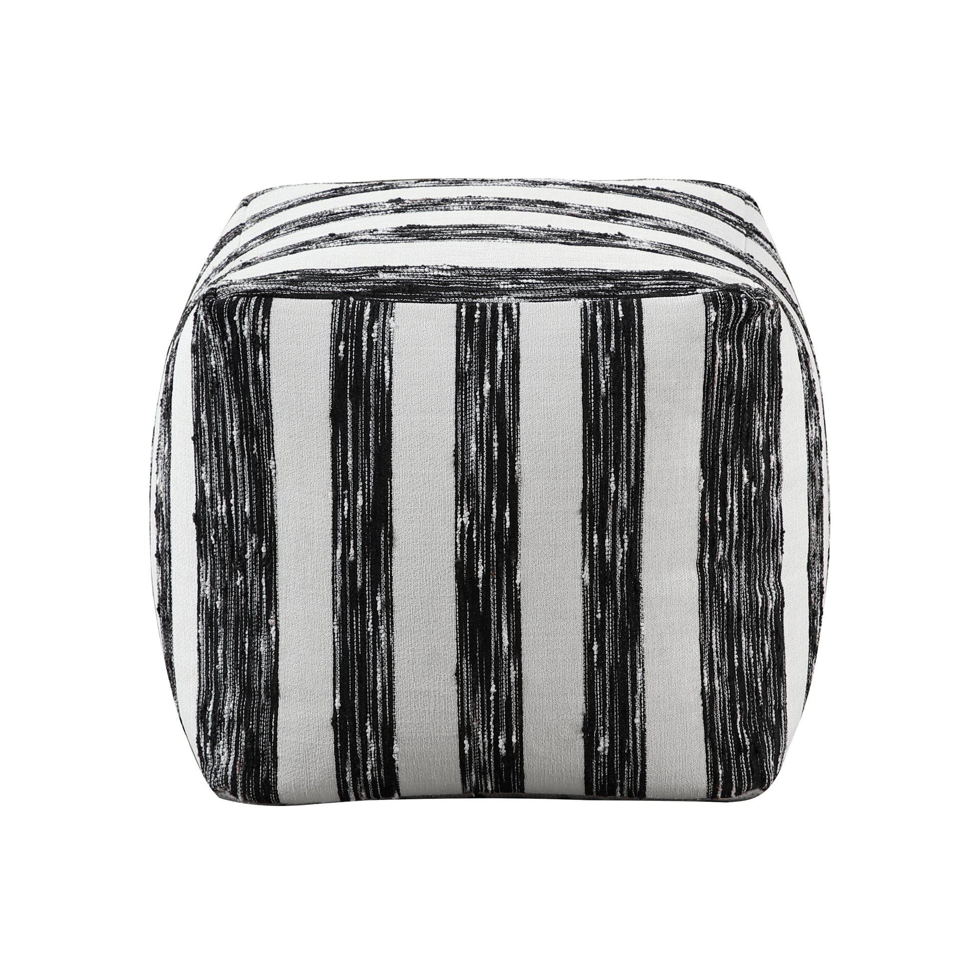 Black and white striped cube ottoman textured fabric pouf with vertical stripe pattern