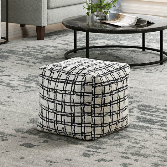Black and white plaid ottoman with fabric upholstery perfect for living room seating