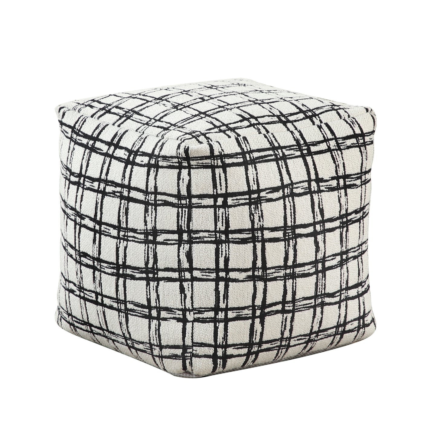 Cube ottoman with black and white abstract plaid pattern upholstery