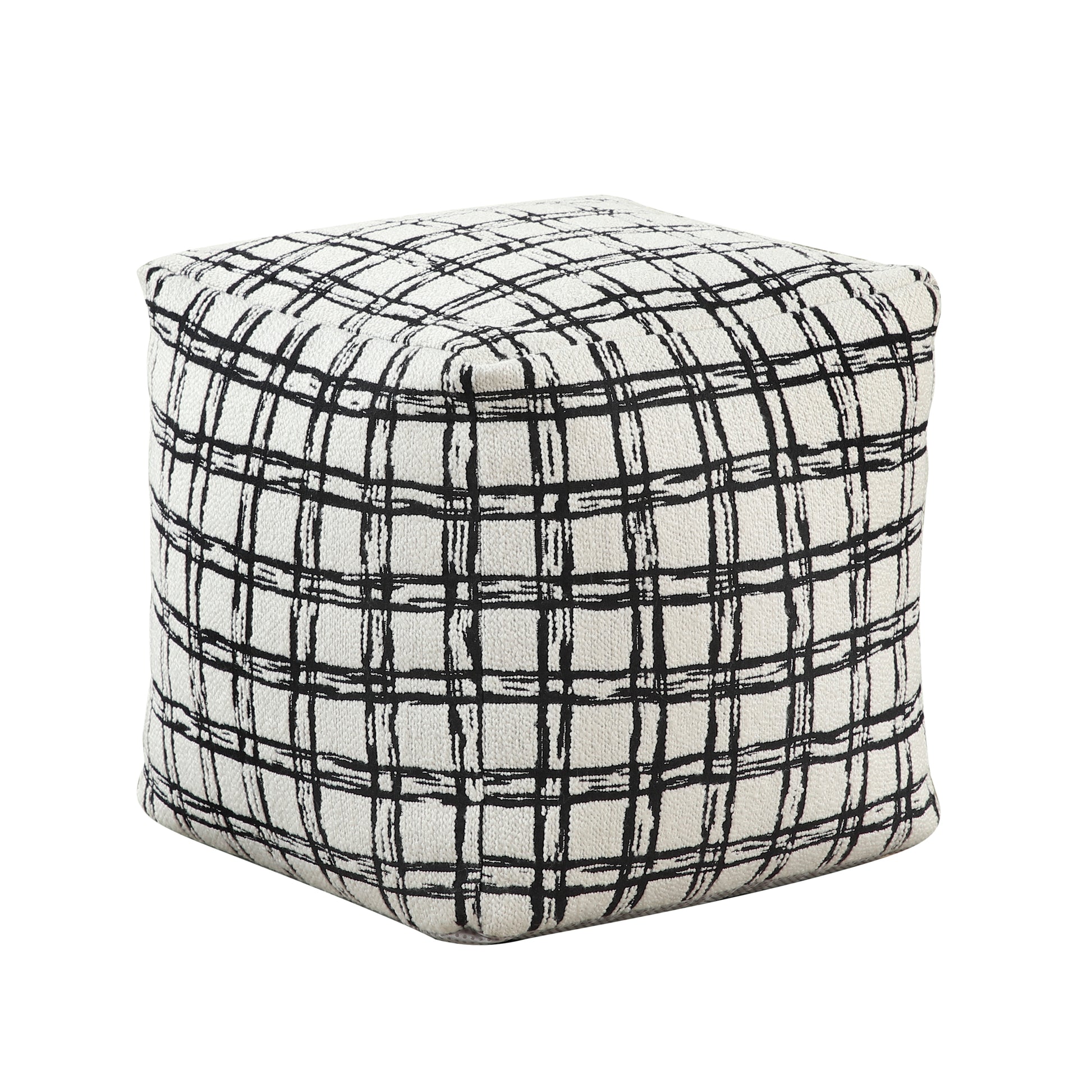 Cube ottoman with black and white abstract plaid pattern upholstery