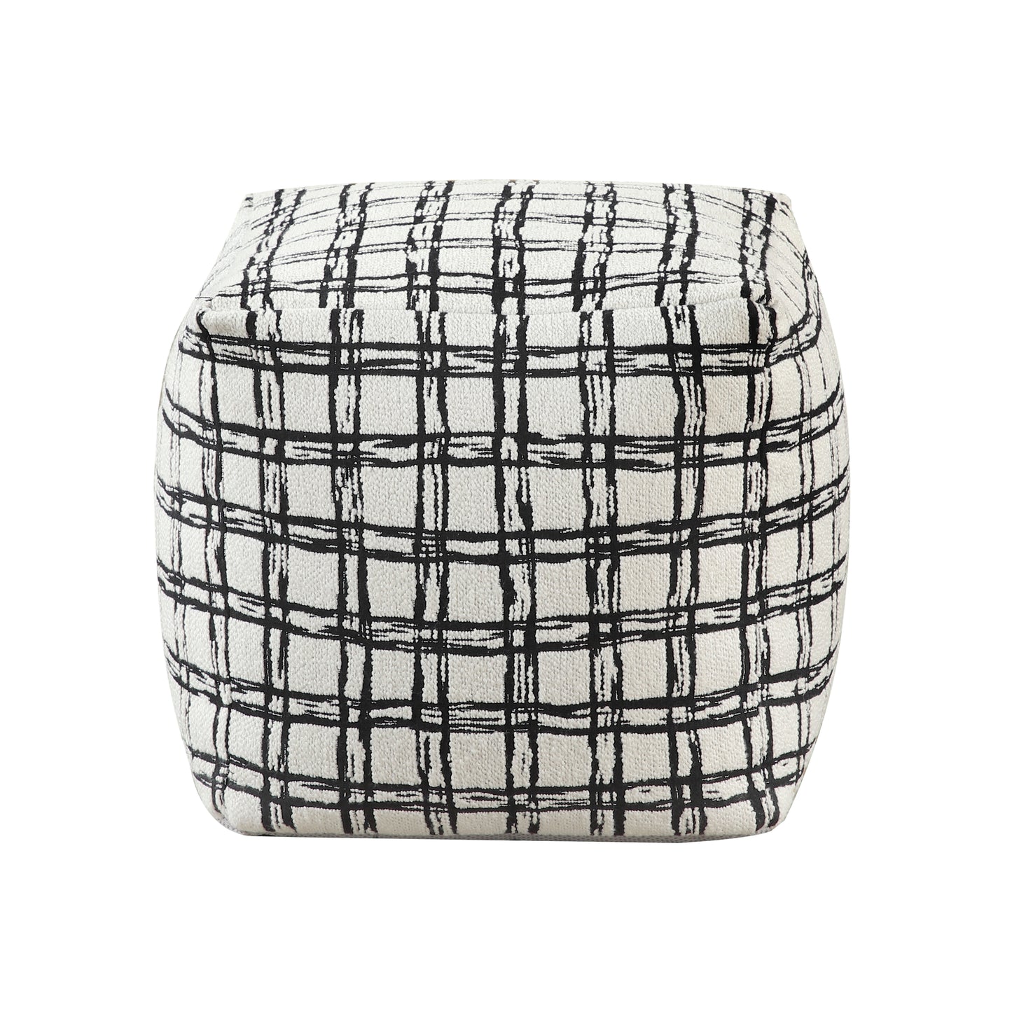 White fabric ottoman with black abstract plaid pattern