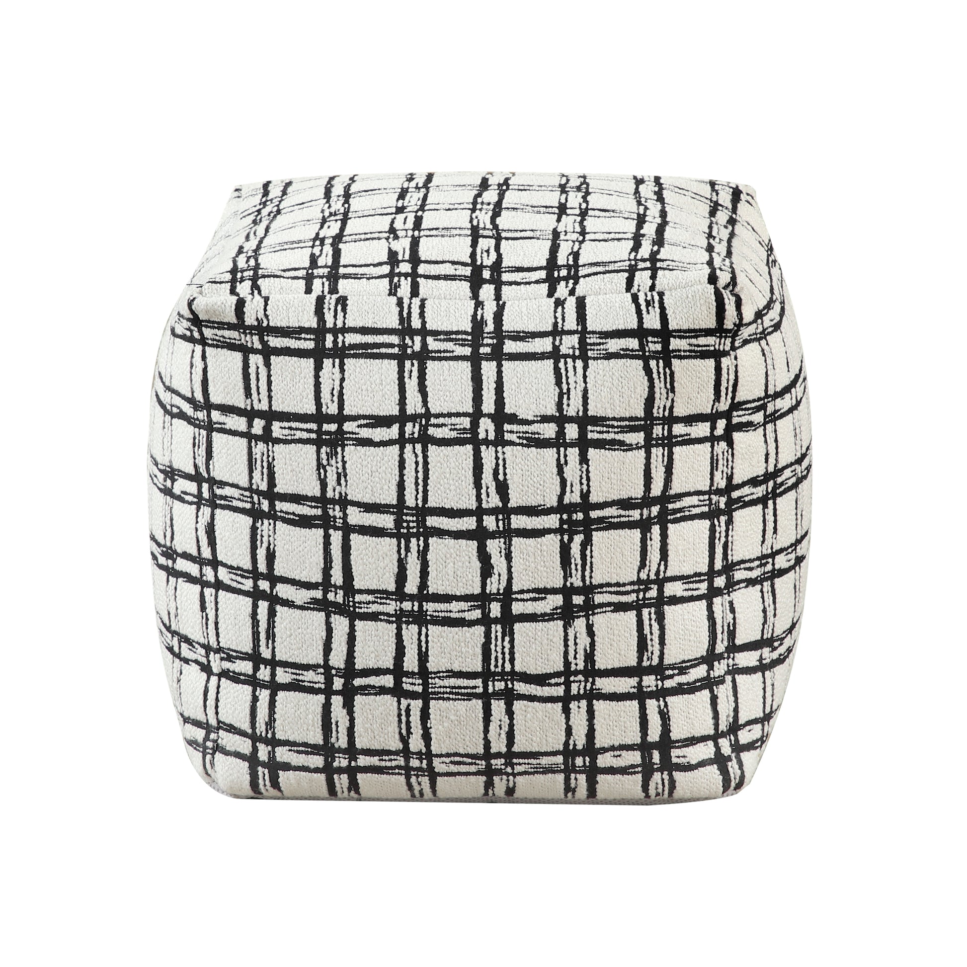 White fabric ottoman with black abstract plaid pattern