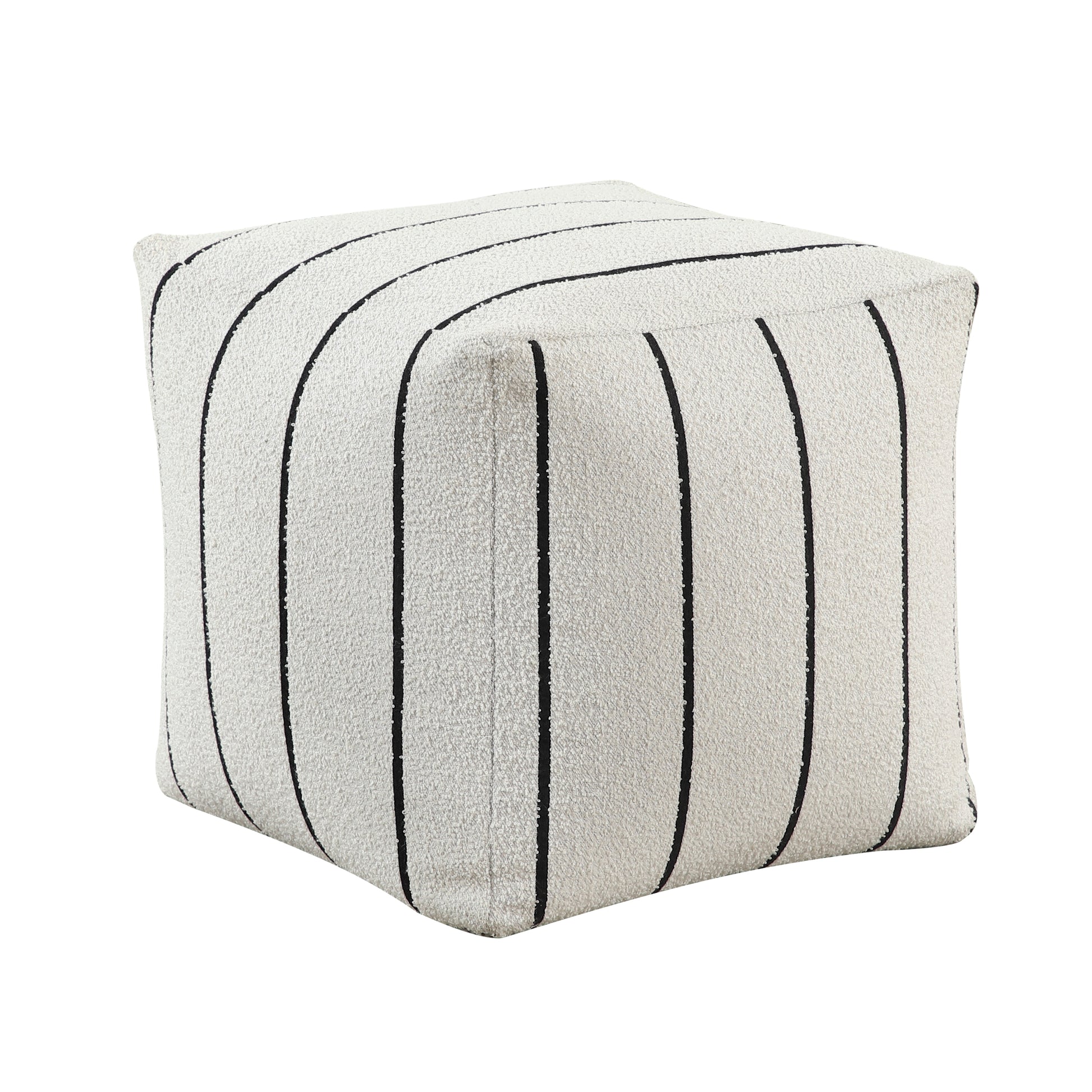 Textured cream cube ottoman with black vertical stripes