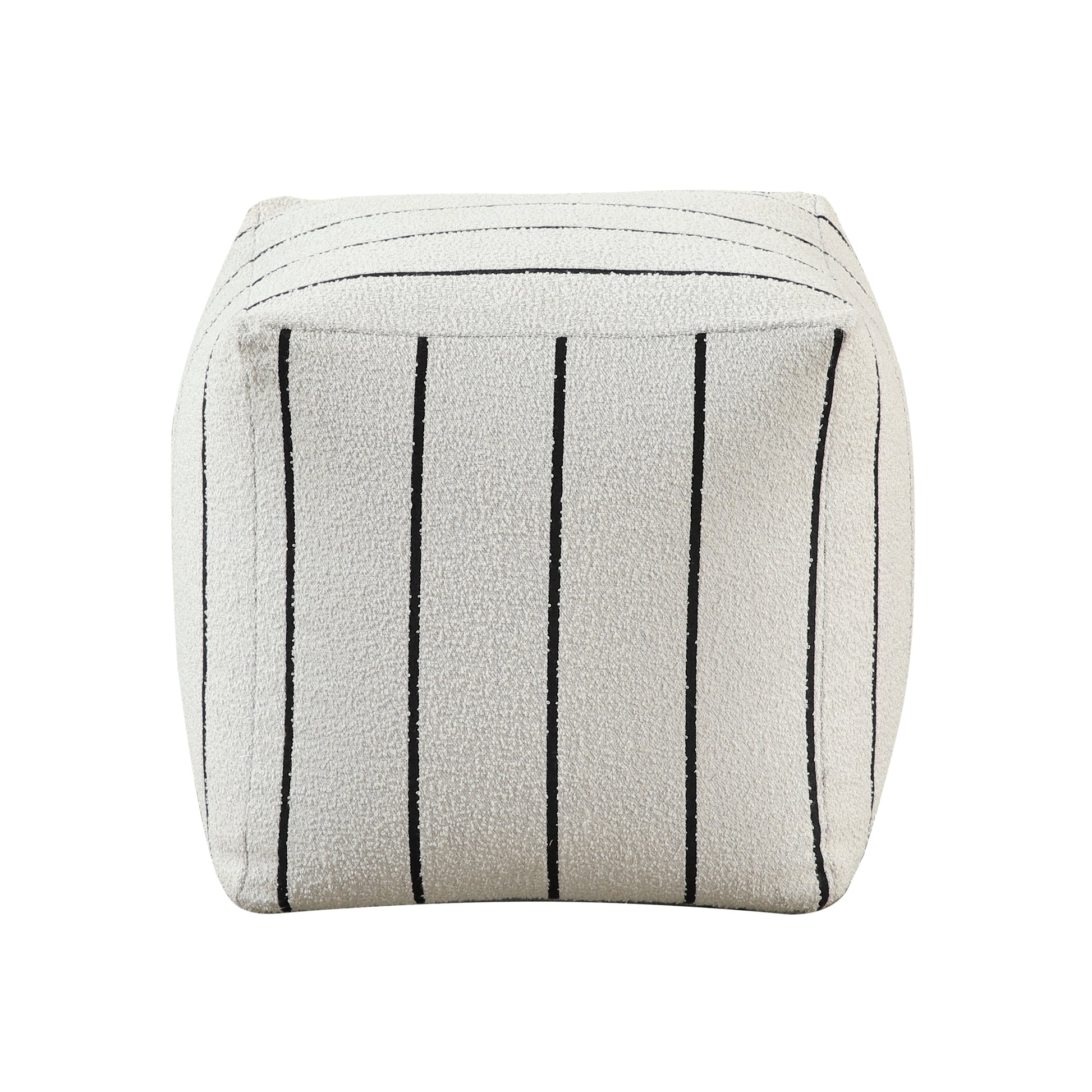 Textured cube pouf with vertical black stripes on a white background
