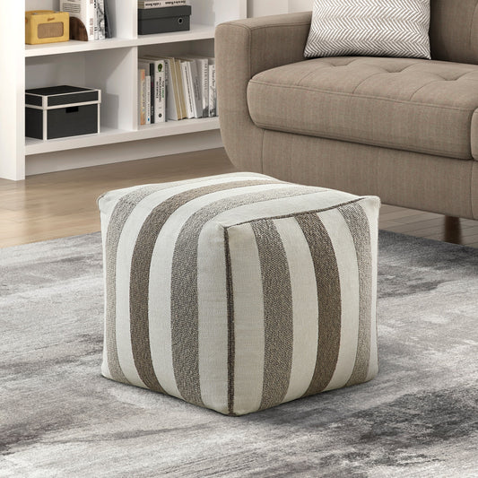 Striped fabric ottoman with neutral tones perfect for living room seating