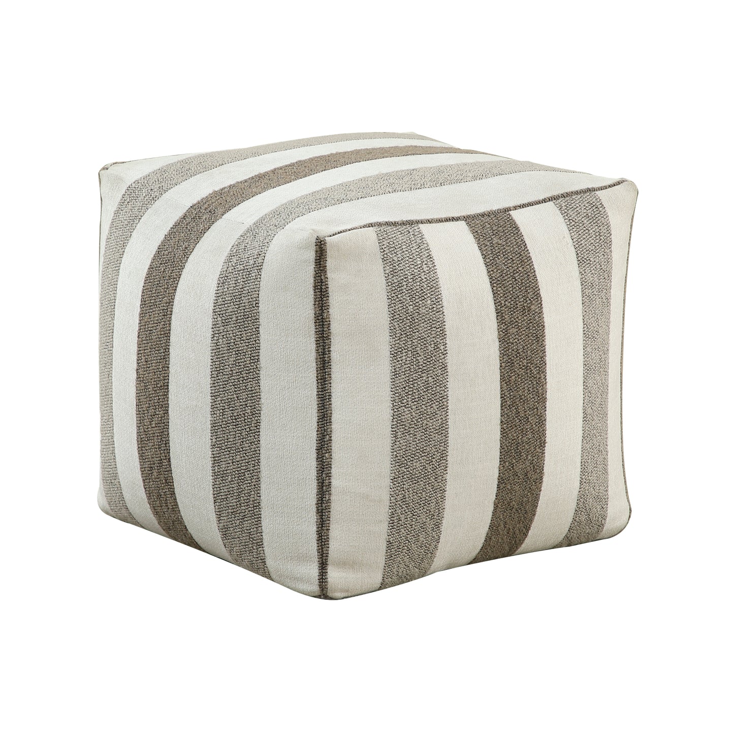 Striped cube ottoman with beige and offwhite vertical stripes fabric upholstery