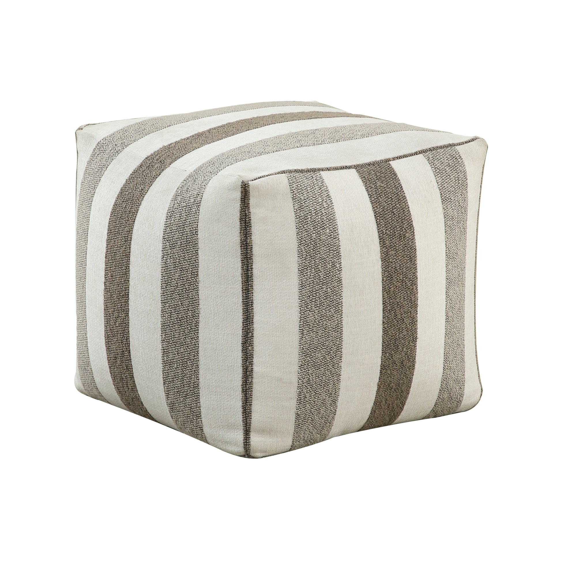 Striped cube ottoman with beige and offwhite vertical stripes fabric upholstery