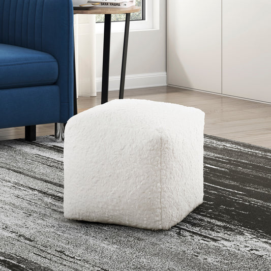 Fluffy white square ottoman made from plush faux fur perfect for footrests