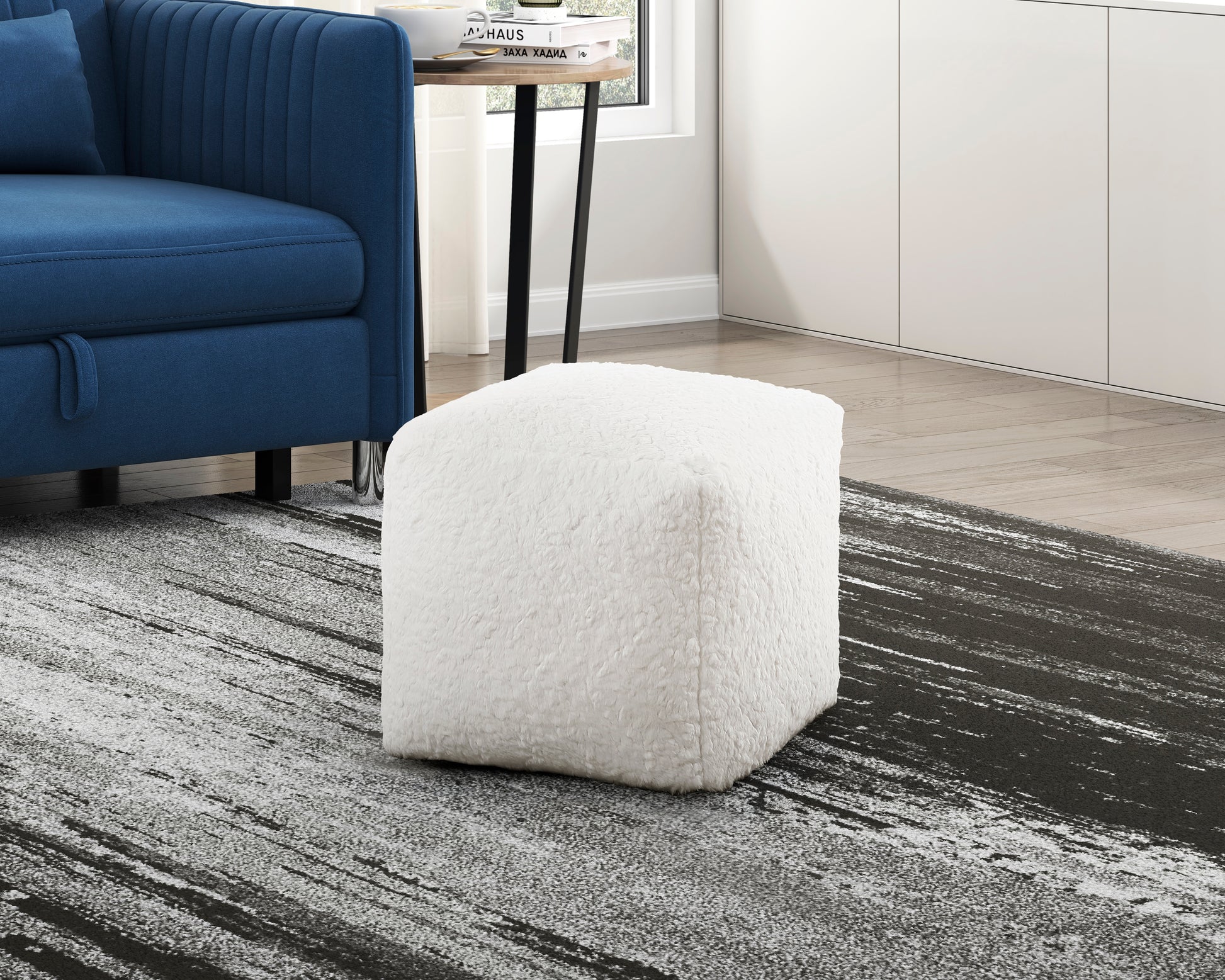 Plush white cube ottoman with textured shag fabric perfect for living room decor