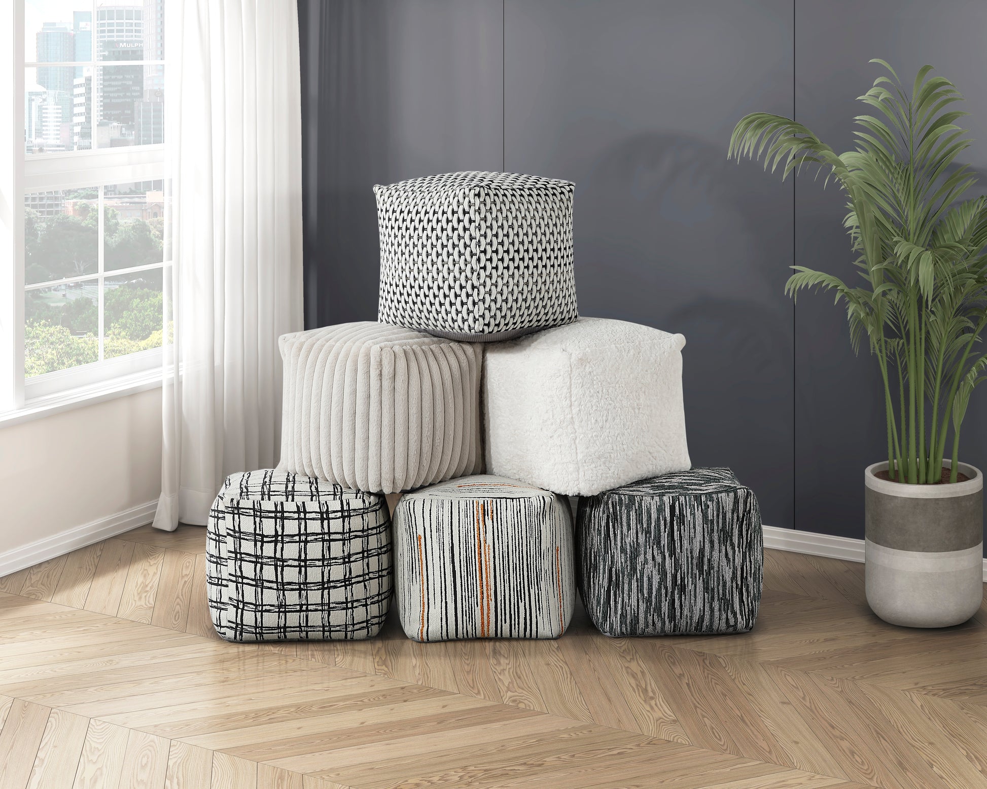 Cube pouf with black and white geometric pattern perfect for accent seating