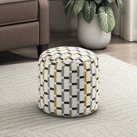 Round upholstered ottoman with geometric white black and gold pattern