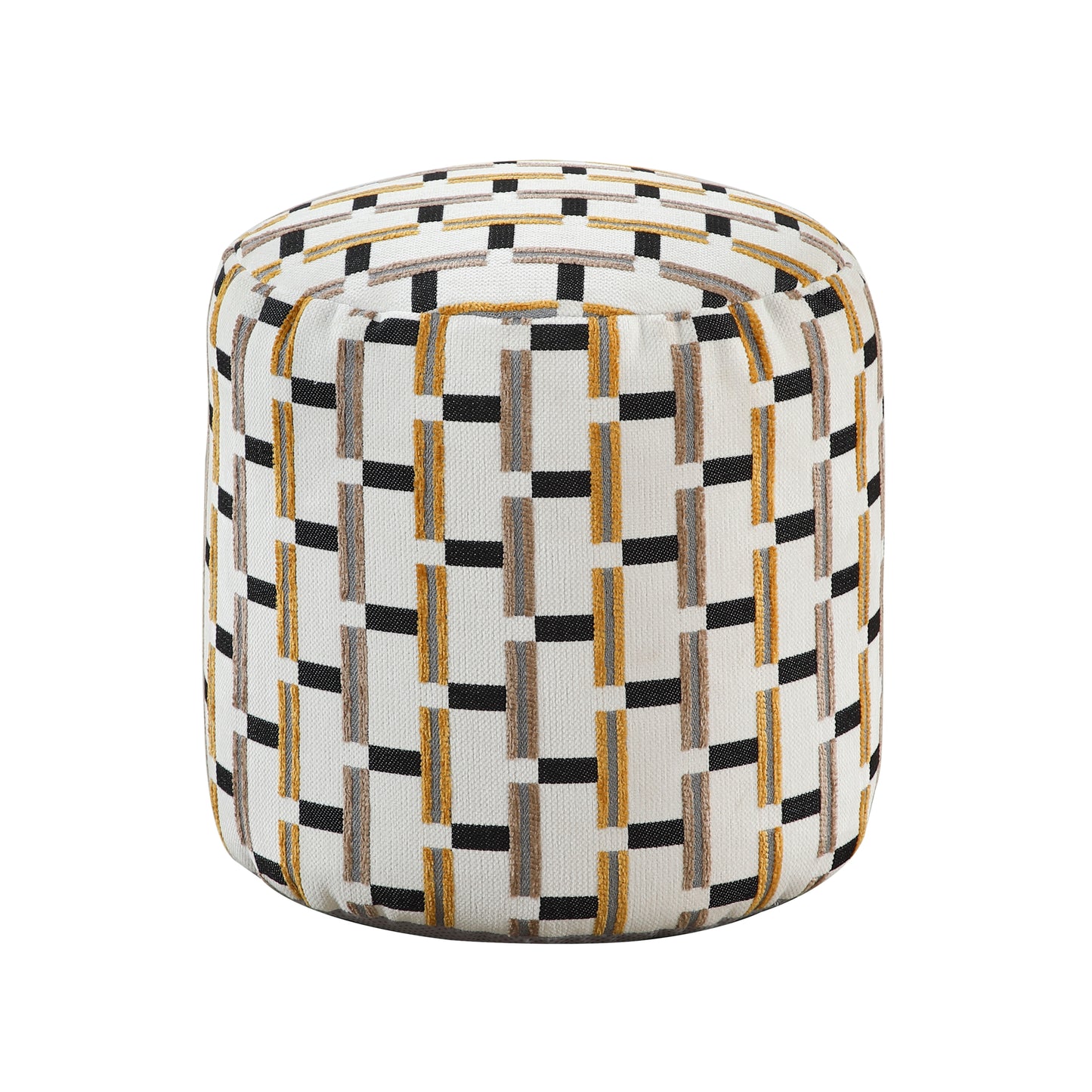 Round ottoman with a white base and a geometric pattern of black gold and grey rectangles