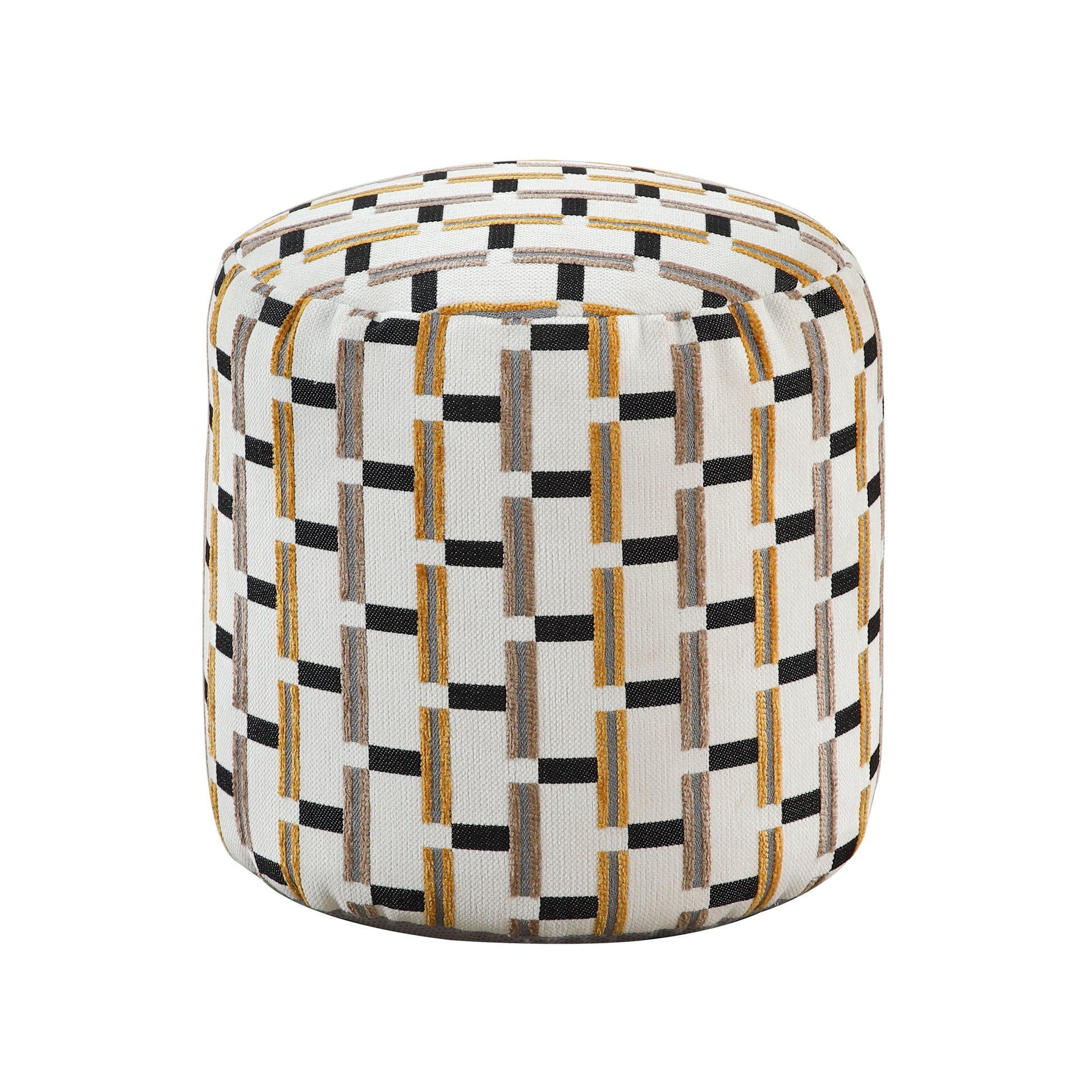 Round ottoman with a white base and a geometric pattern of black gold and grey rectangles