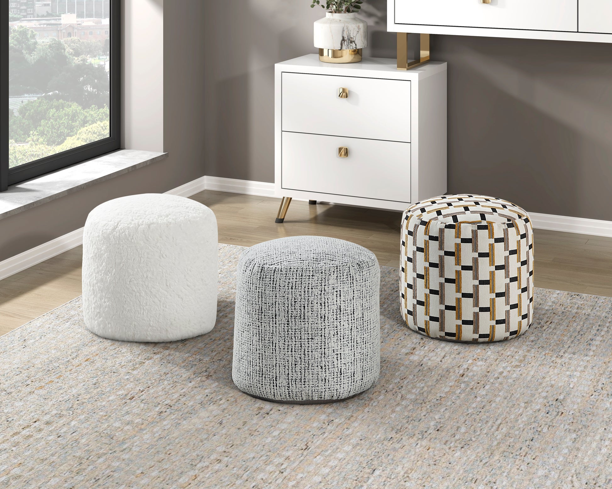 Plush white faux fur round ottoman a soft and luxurious accent for any living space