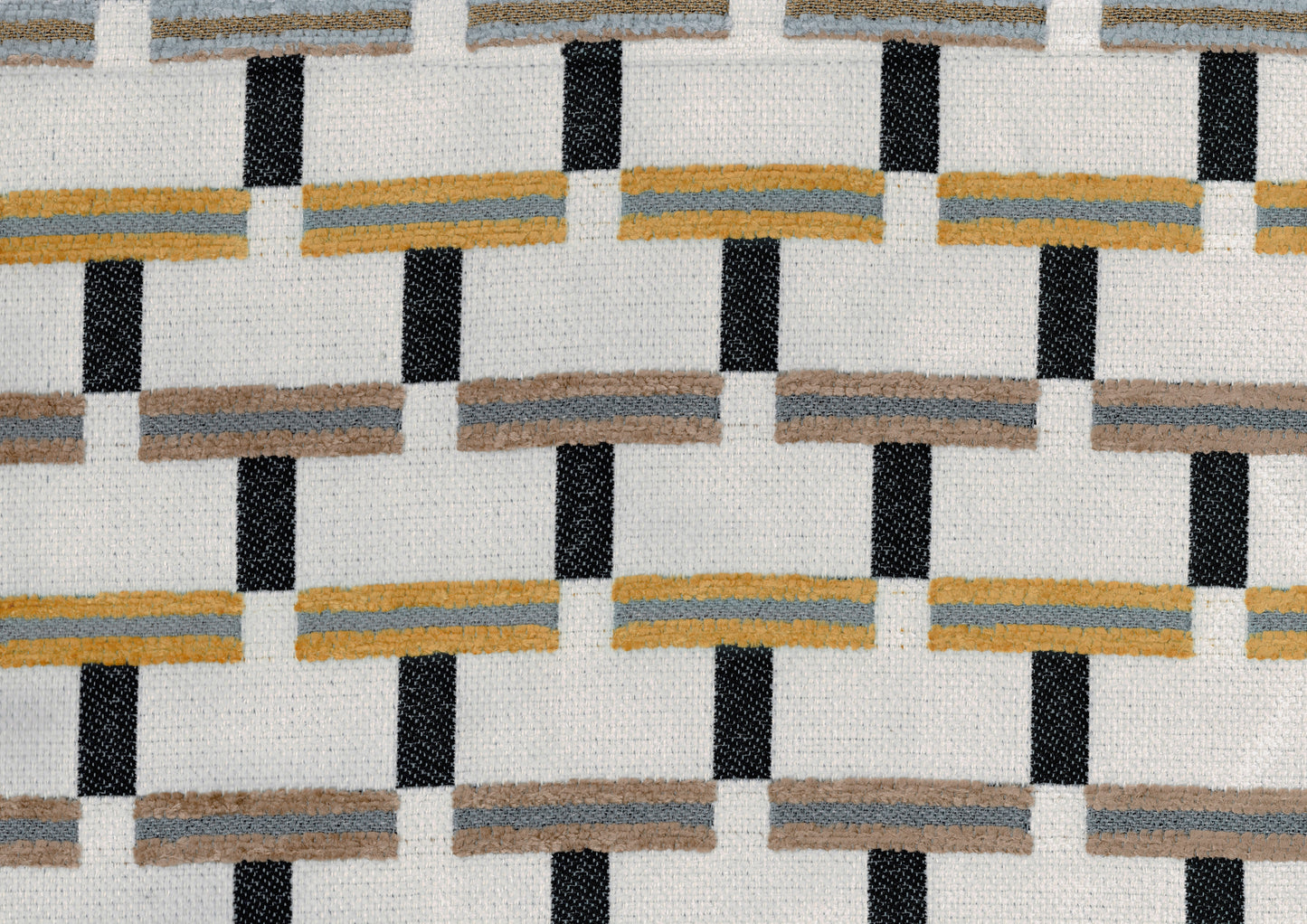 Textured woven fabric with a geometric pattern of gold grey and black stripes on white