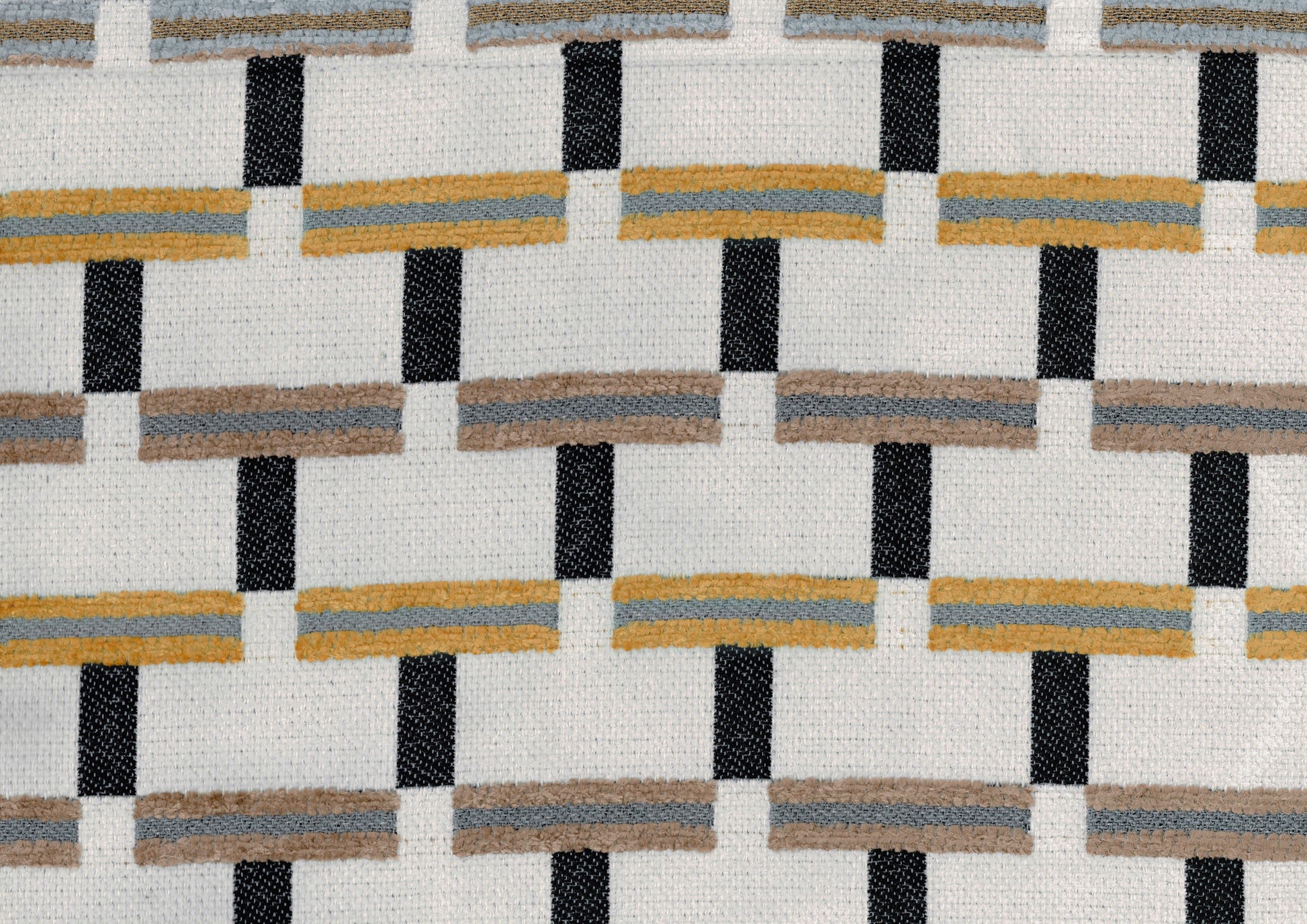 Textured woven fabric with a geometric pattern of gold grey and black stripes on white