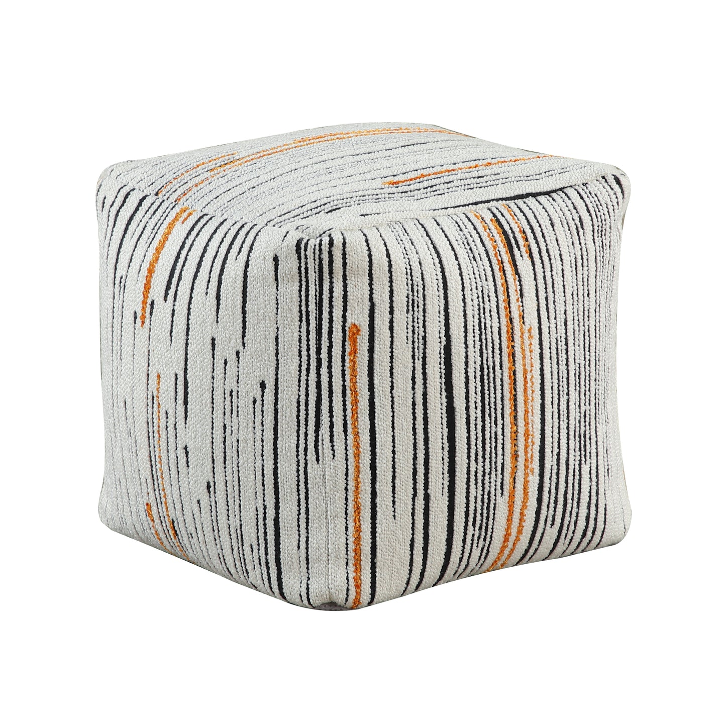 Cube ottoman with black and orange abstract stripe pattern on a textured offwhite fabric