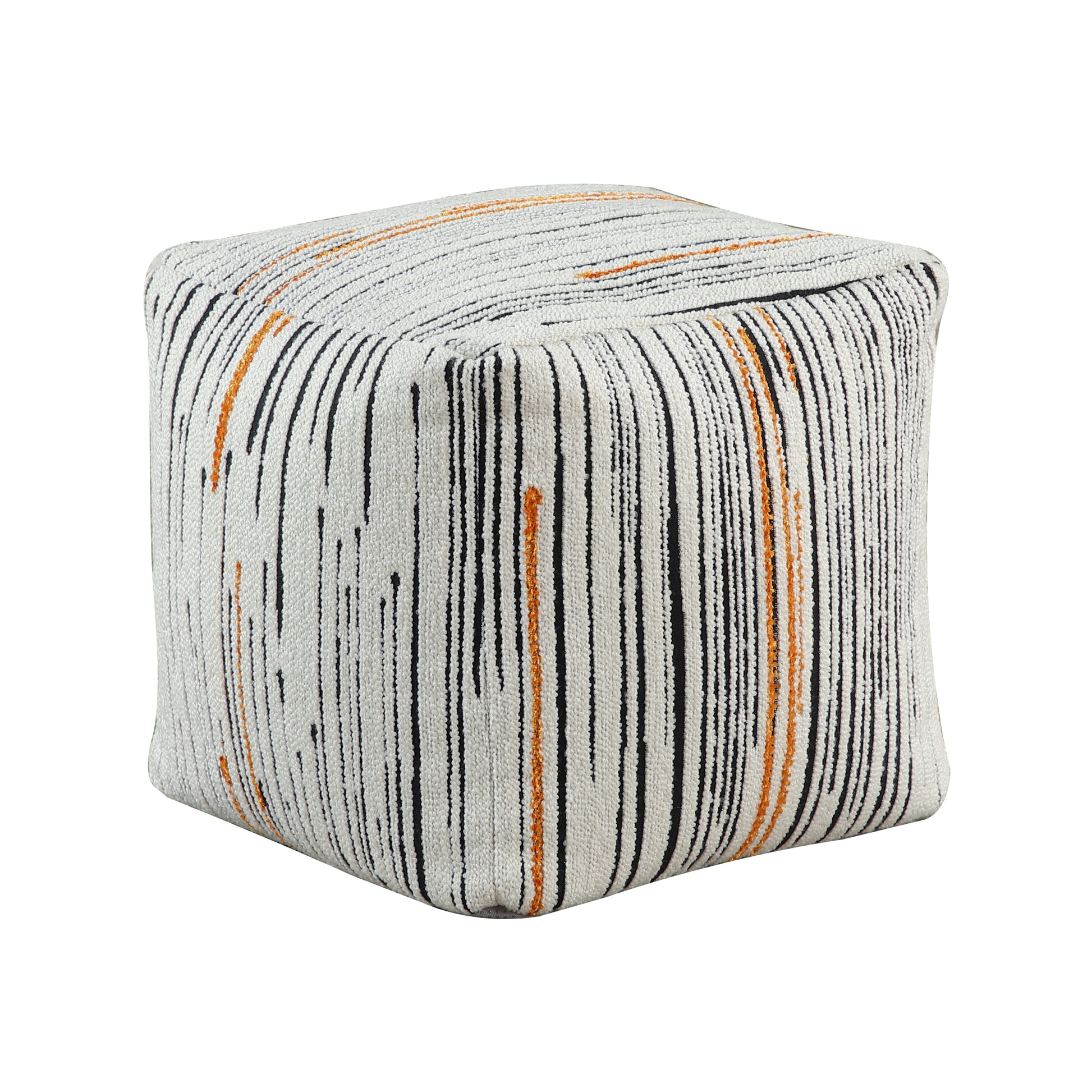 Cube ottoman with black and orange abstract stripe pattern on a textured offwhite fabric