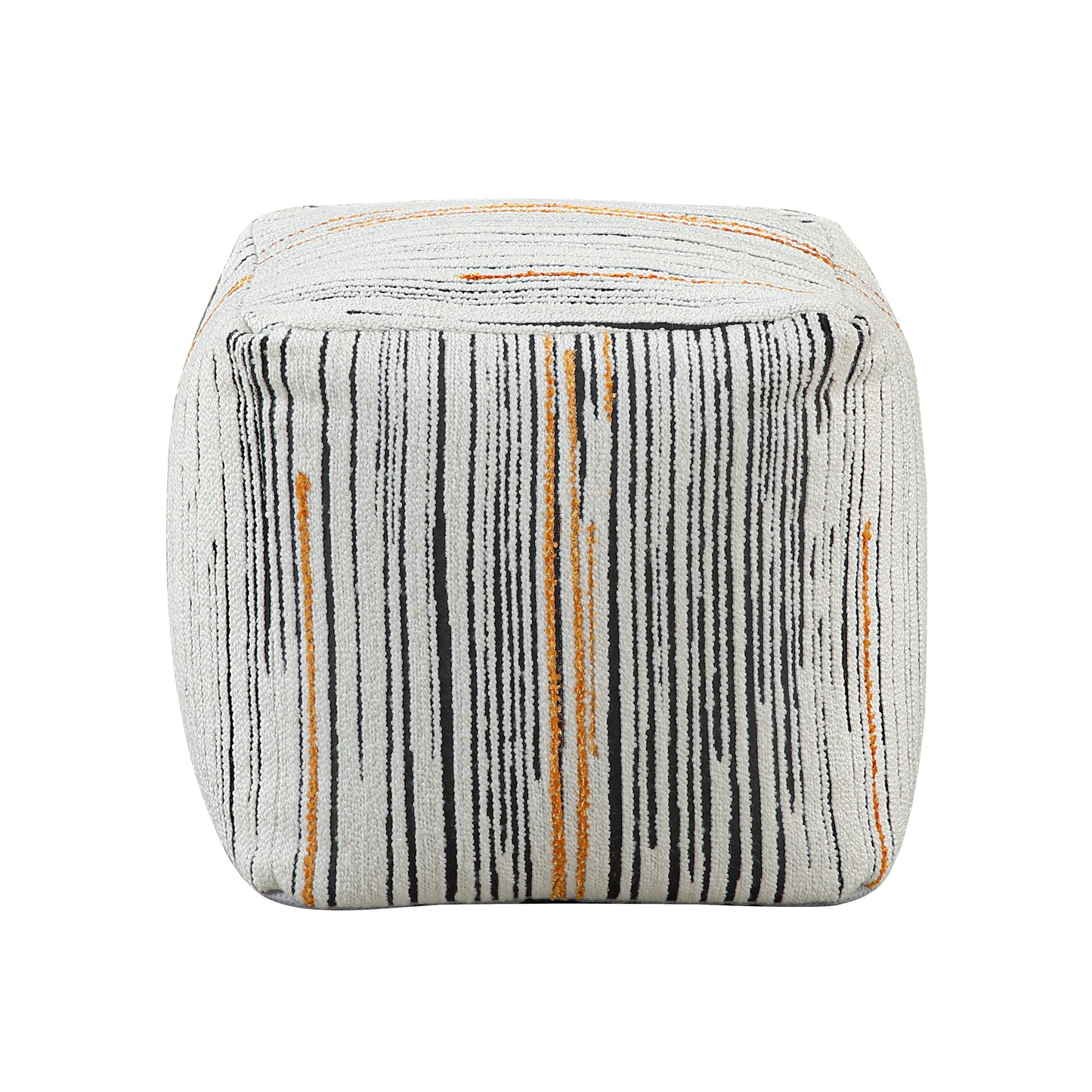 Textured white pouf with black and orange vertical stripes perfect for footrest
