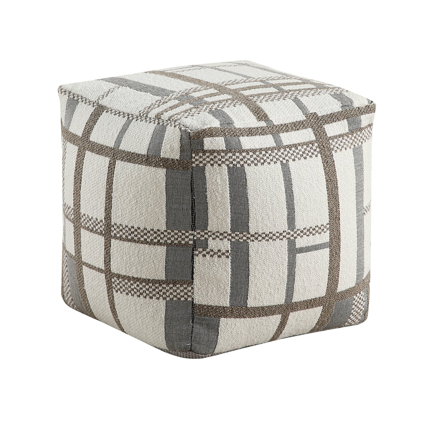 Cube ottoman with woven plaid pattern in beige and grey perfect for footrest or seating