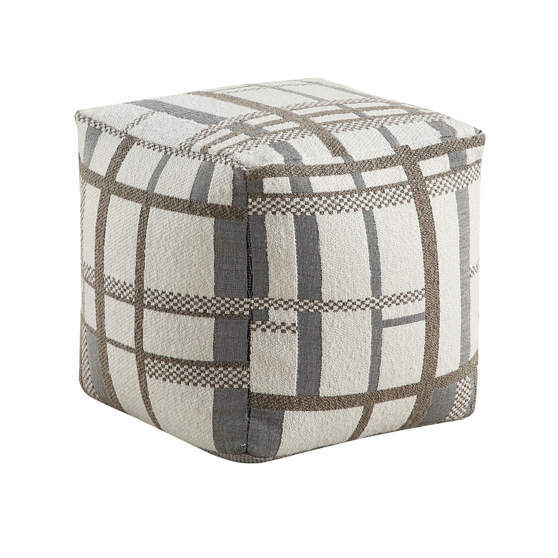 Cube ottoman with woven plaid pattern in beige and grey perfect for footrest or seating